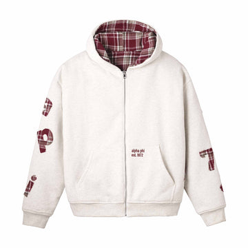 White hoodie with plaid accents and text on a white background