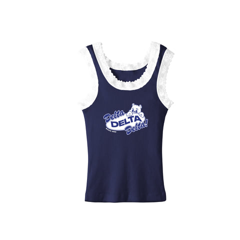 PO 12451| University of California Berkeley Delta Delta Delta Victoria Tank Midnight Chic/White Lace