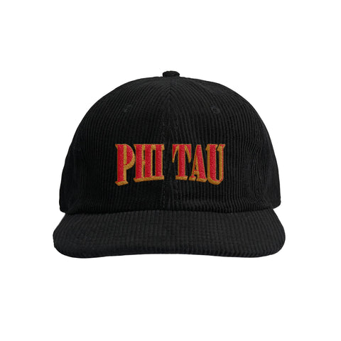 Black corduroy cap with the fraternity name 'Phi Tau' embroidered in red on the front.