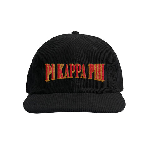 Black corduroy cap with the fraternity name 'Pi Kappa Phi' embroidered in red on the front.