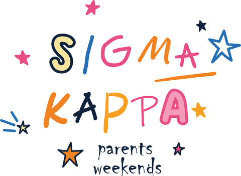 colorful doodle letters spelling out "sigma kappa parents weekend"