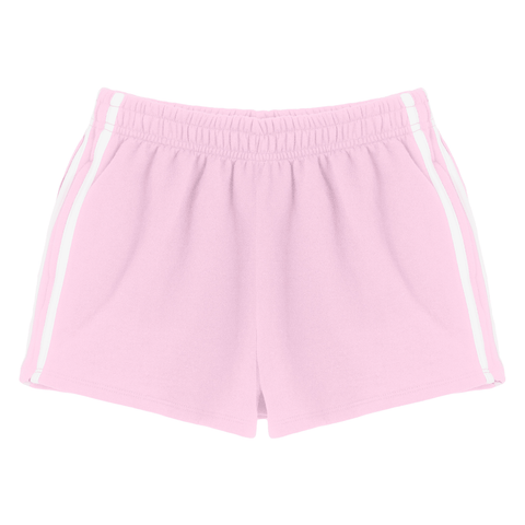 Thalia Shorts, custom mid-rise fleece sweat shorts with white side stripes, in BB Blush color