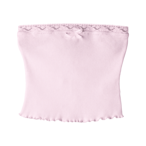 Pearl Tube Top, custom fitted strapless tube top in BB Blush color with BB Blush lace trim and mini satin bow