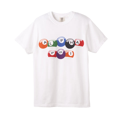 White t-shirt with colorful 'Alpha Phi' Pool Ball logo on a white background