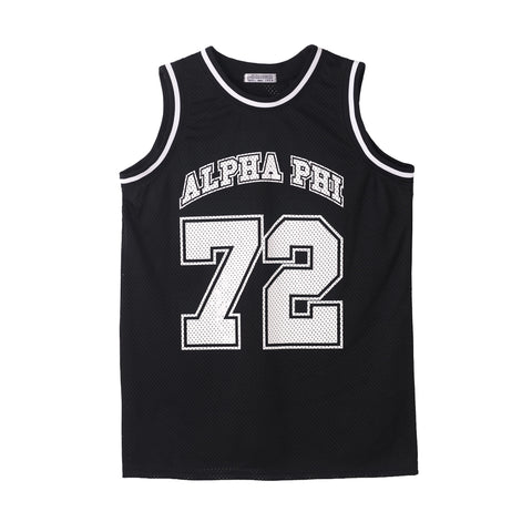 Black basketball jersey with 'Alpha Phi' and number '72' on a white background