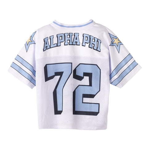 White sports jersey with 'Alpha Phi' and number '72' on a white background