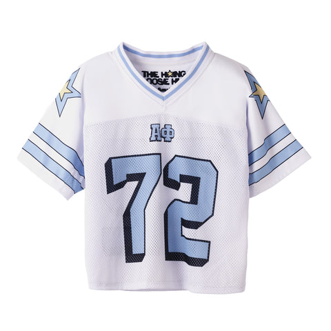White Alpha Phi sports jersey with blue accents and number 72 on a white background