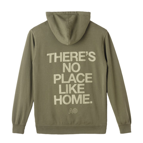 Green hoodie with 'THERE'S NO PLACE LIKE HOME AΦ' text on the back, on a white background
