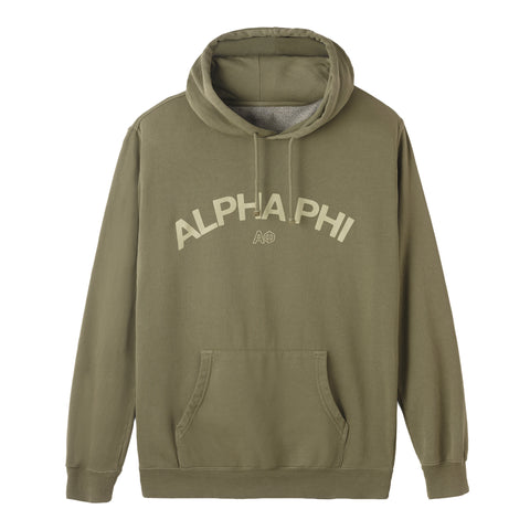 Green hoodie with 'Alpha Phi' text on a white background