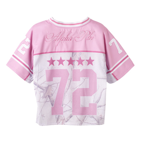 Pink sports jersey with 'Alpha Phi' and number '72' on a white background