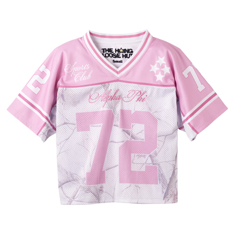 Pink and white Alpha Phi sports jersey with numbers and text on a white background