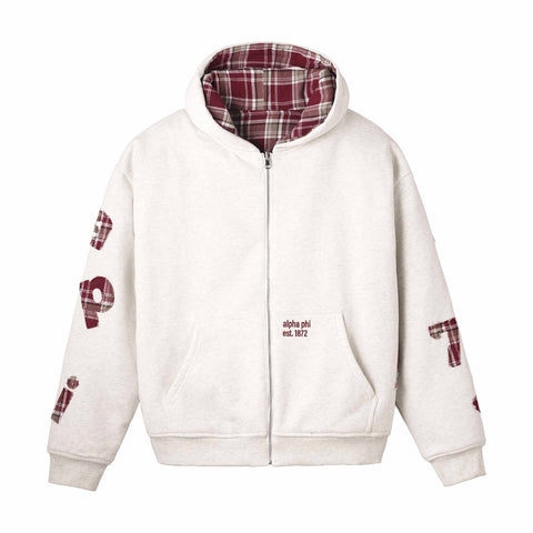 White hoodie with plaid accents and text on a white background