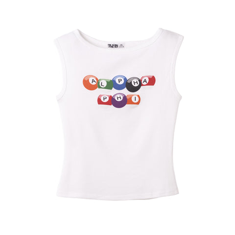 White sleeveless top with colorful 'Alpha Phi' Pool Balls logo on a white background
