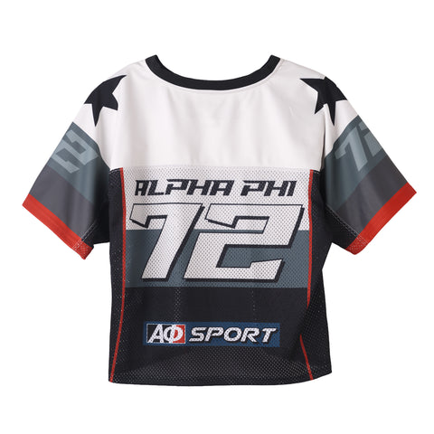 Athletic shirt with 'Alpha Phi 72' and 'AΦ Sport' branding on a white background