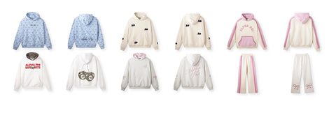 A collection of stylish Alpha Phi hoodies and sweatpants, featuring pastel tones, floral and letter patterns, and playful details like cherries and bows against a white background.