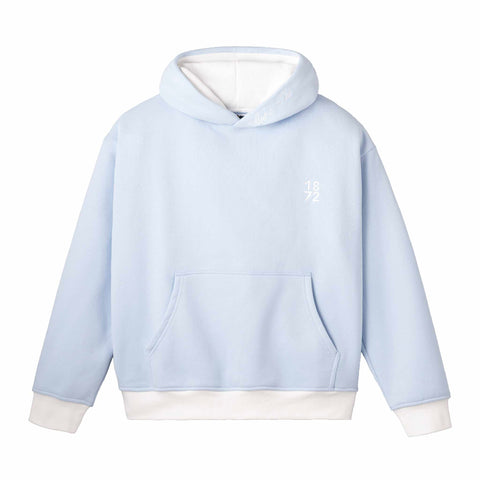 Light blue hoodie with white trim on a white background