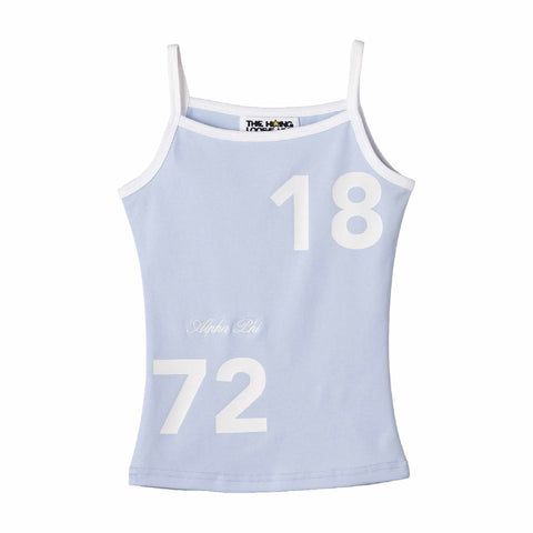 Light blue tank top with white text on a white background