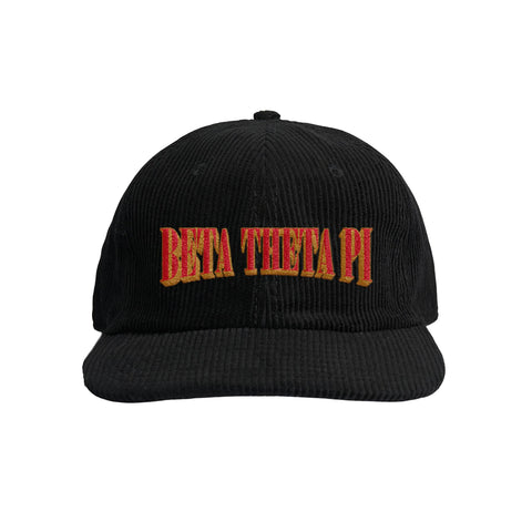 Black corduroy cap with the fraternity name 'BETA THETA PI' embroidered in red on the front.