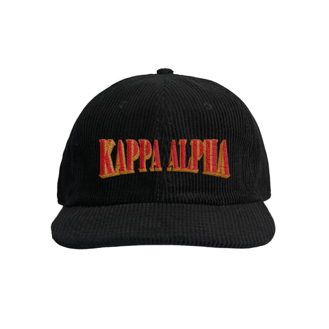 Black corduroy cap with the fraternity name 'Kappa Alpha' embroidered in red on the front.