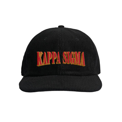 Black corduroy cap with the fraternity name 'Kappa Sigma' embroidered in red on the front.