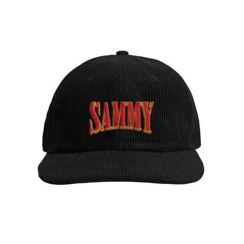 Black corduroy cap with the fraternity name 'SAMMY' embroidered in red on the front.