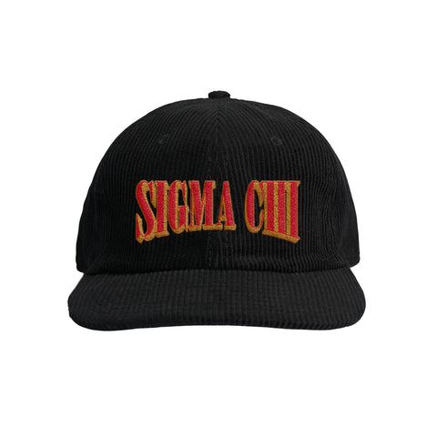 Black corduroy cap with the fraternity name 'Sigma Chi' embroidered in red on the front.