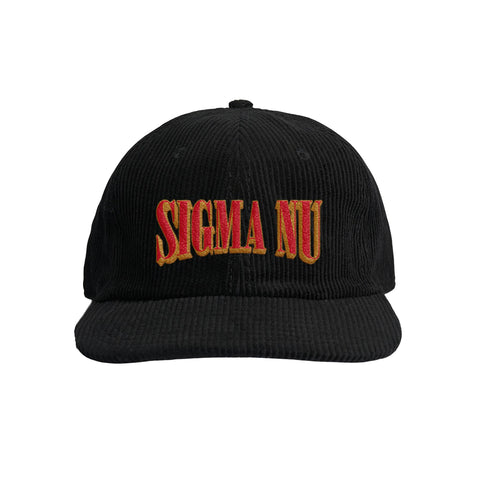 Black corduroy cap with the fraternity name 'Sigma Nu' embroidered in red on the front.