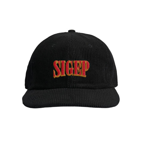 Black corduroy cap with the fraternity name 'SIGEP' embroidered in red on the front.