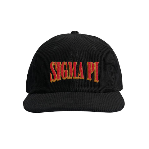Black corduroy cap with the fraternity name 'SIGMA PI' embroidered in red on the front.