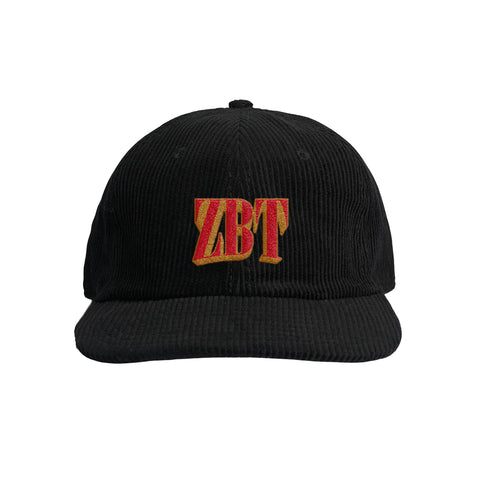 Black corduroy cap with the fraternity name 'ZBT' embroidered in red on the front.