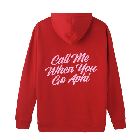 Red hoodie with white text on the back against a white background