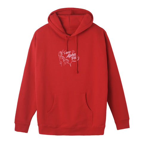 Red hoodie with a logo on the chest against a white background