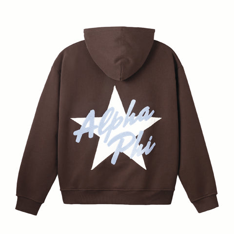 Brown hoodie with a star design and 'Alpha Phi' text on the back against a white background