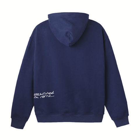 Blue hoodie with white text on the back against a white background