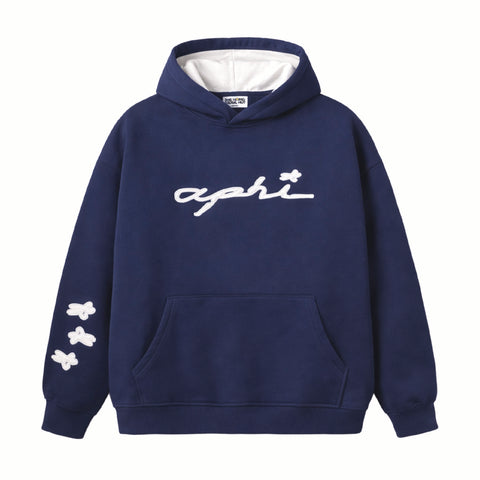 Blue hoodie with white text and designs on a white background