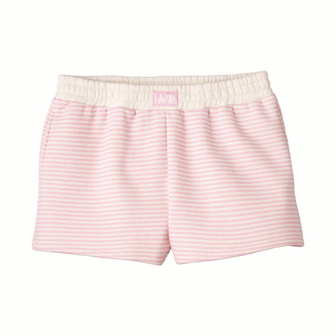Pink striped shorts with a white waistband on a white background
