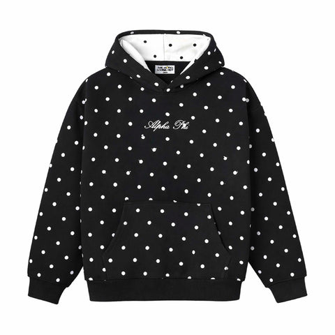 Black hoodie with white polka dots and 'Alpha Phi' text on a white background