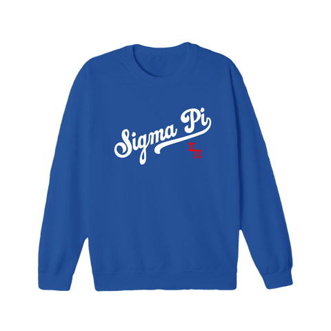 A blue crewneck sweatshirt with the text 'Sigma Pi' printed on the front.