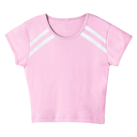 San Luis Tee, custom cropped fitted baby tee with cap sleeves and white stripes from neckline to underarms, in BB Blush color