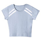 San Luis Tee, custom cropped fitted baby tee with cap sleeves and white stripes from neckline to underarms, in Healing Angelite color