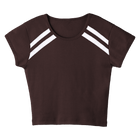 San Luis Tee, custom cropped fitted baby tee with cap sleeves and white stripes from neckline to underarms, in Latte Love color