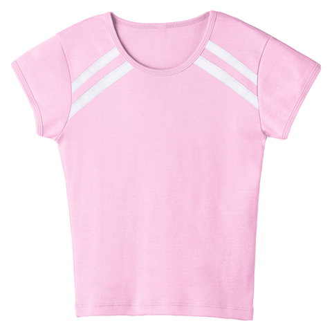 San Luis Tee, custom full-length fitted baby tee with cap sleeves and white stripes from neckline to underarms, in BB Blush color