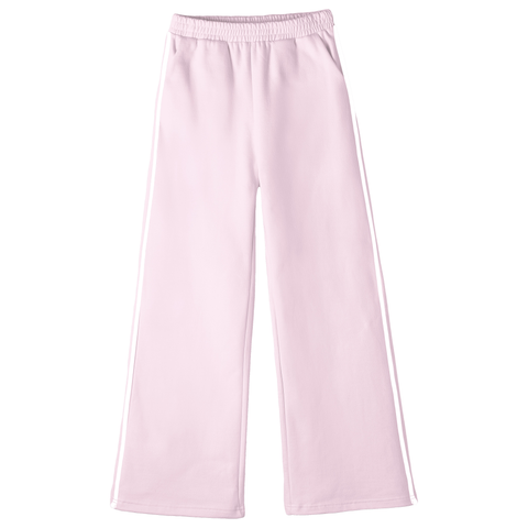 Thalia Sweats, custom fleece flare sweatpants with white side stripes, in BB Blush color