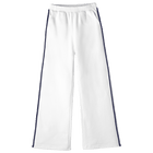 Thalia Sweats, custom fleece flare sweatpants with navy side stripes, in Opal White color